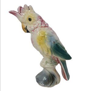 Vintage 1940s Cockatoo Exotic Tropical Bird Figurine Multicolor Glazed Ceramic